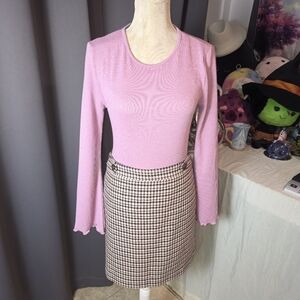 LOFT Wool Blend Houndstooth Mini Skirt 16 Brown Pink Lined Tweed Classic Fall